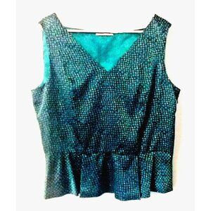 Tahari Satin Blouse Top Turquoise Print V-Neck Peplum Waist Side Zip - XL  NWT